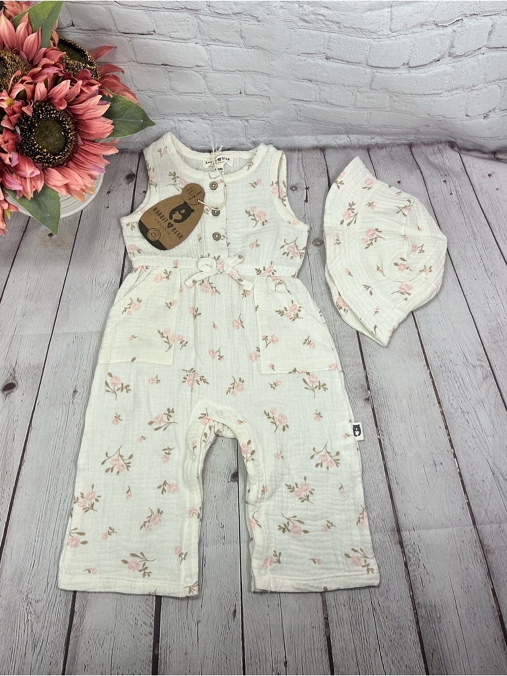 NWT rabbit + bear Floral One-Piece Bodysuit 6-9M organic cottage boho coquette